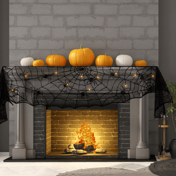 Halloween Decoration Black Lace Spiderweb Fireplace Mantle with String Lights for Halloween