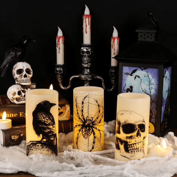 Halloween Flickering Candles with Skull, Spider Web, Crow Raven Decals Set of 3 - Image 6