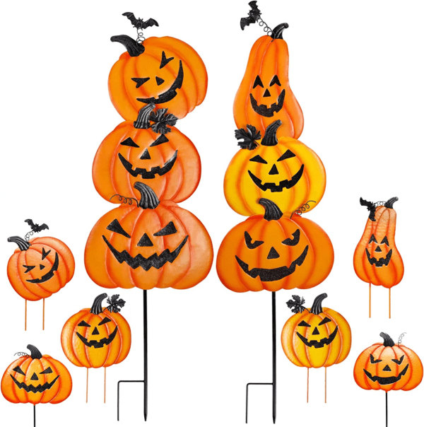 "Double Trouble Halloween Stakes: Metal Pumpkins on a Jack-O-Lantern Jenga Tower for Your Lawn!"