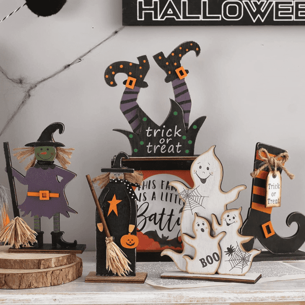 5Pcs Halloween Wooden Decorations, Halloween Tabletop Centerpiece