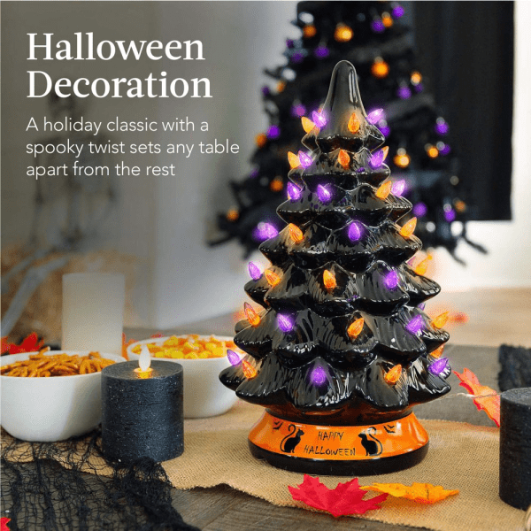 15In Pre-Lit Ceramic Tabletop Halloween Tree, Holiday Decoration W/ Orange & Purple Bulb Lights - Image 2