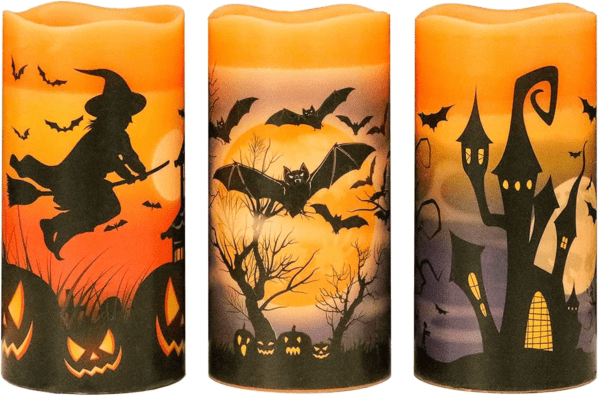 Halloween Flickering Candles with Skull, Spider Web, Crow Raven Decals Set of 3 - Image 13