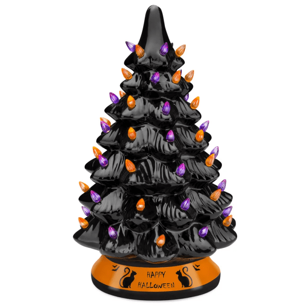 15In Pre-Lit Ceramic Tabletop Halloween Tree, Holiday Decoration W/ Orange & Purple Bulb Lights