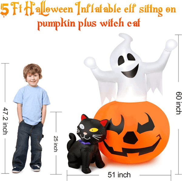 5 FT Halloween Inflatables Spooky Pumpkin and Witch's Black Cat Combo with Build-In LED Lights - Image 2