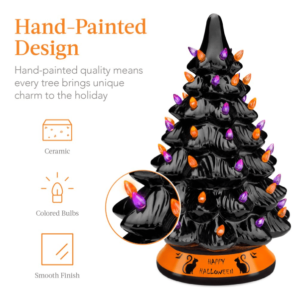 15In Pre-Lit Ceramic Tabletop Halloween Tree, Holiday Decoration W/ Orange & Purple Bulb Lights - Image 3