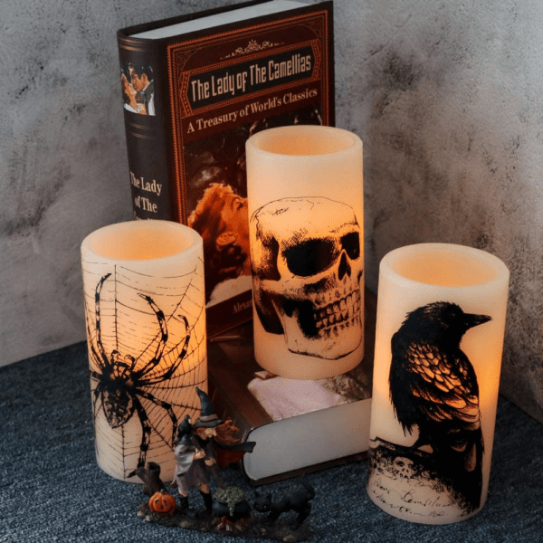 Halloween Flickering Candles with Skull, Spider Web, Crow Raven Decals Set of 3 - Image 5