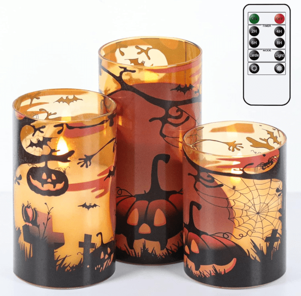 Halloween Flickering Candles with Skull, Spider Web, Crow Raven Decals Set of 3 - Image 14